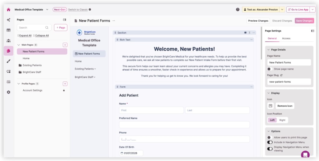 Patient intake form builder with new patient registration workflow