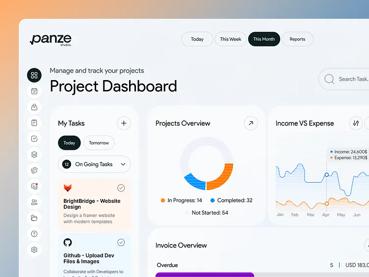 Project management dashboard with tasks, project overview, and financial analytics