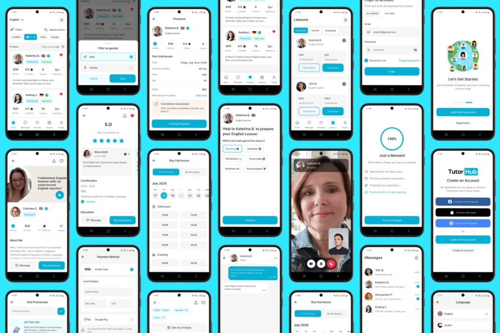 Tutor Hub mobile app, tutoring marketplace with booking, payments, and video lessons